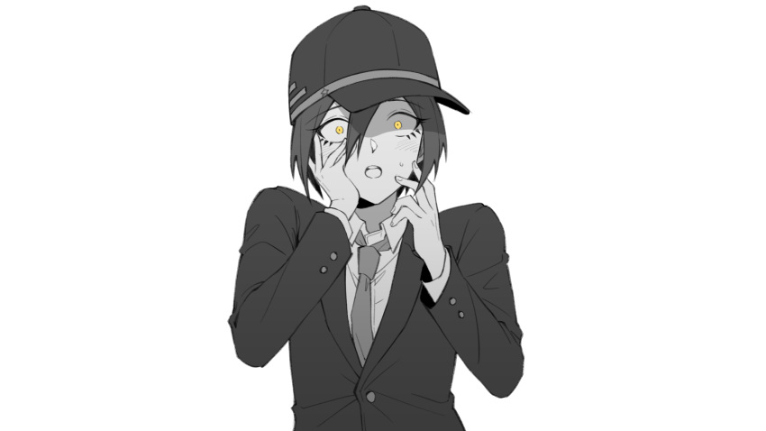 1boy bangs blush collared_shirt commentary_request danganronpa_(series) danganronpa_v3:_killing_harmony ewa_(seraphhuiyu) formal greyscale hair_between_eyes hand_on_own_face hat highres jacket long_sleeves looking_at_viewer male_focus monochrome necktie official_alternate_costume open_mouth saihara_shuuichi shaded_face shirt simple_background solo spot_color star_(symbol) star_print sweatdrop upper_body upper_teeth white_background yellow_eyes