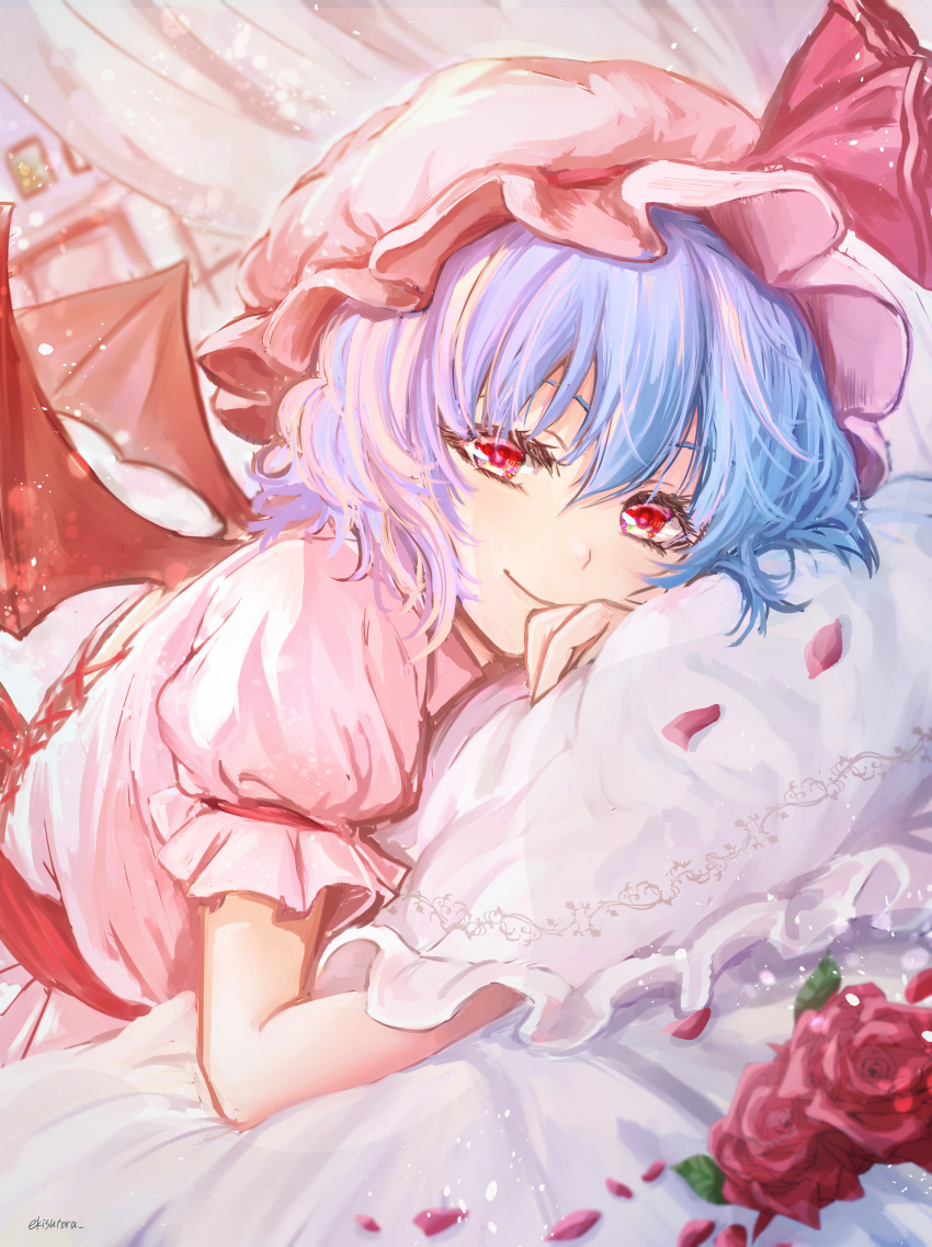 1girl absurdres bangs bat_wings bed blue_hair canopy_bed closed_mouth commentary_request cross-laced_clothes dress dutch_angle ekisutora eyebrows_behind_hair flower hair_between_eyes hat hat_ribbon head_rest highres indoors looking_at_viewer lying mob_cap on_stomach painting_(object) petals pillow pillow_hug pink_dress pink_headwear puffy_short_sleeves puffy_sleeves red_eyes red_flower red_ribbon remilia_scarlet ribbon rose short_hair short_sleeves smile solo touhou upper_body wings