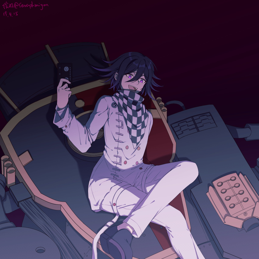 1boy :d artist_name bangs black_eyes black_footwear black_hair checkered checkered_neckwear checkered_scarf commentary_request crossed_legs danganronpa_(series) danganronpa_v3:_killing_harmony dated double-breasted ewa_(seraphhuiyu) hair_between_eyes highres holding long_sleeves looking_at_viewer male_focus messy_hair open_mouth ouma_kokichi pants pink_eyes purple_eyes red_background robot scarf shoes short_hair sitting smile solo straitjacket twitter_username upper_teeth videocassette white_pants
