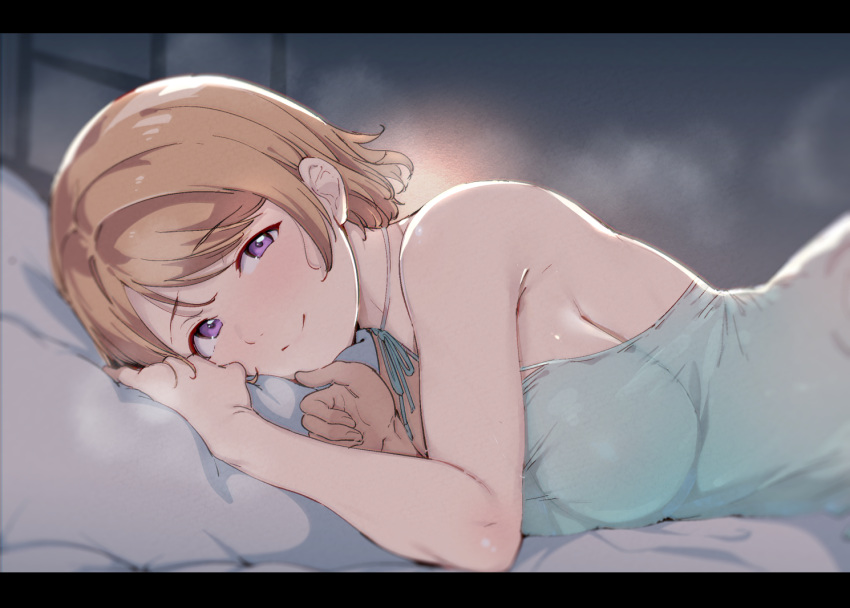 1girl alp bangs bare_shoulders bed blush breasts brown_hair dress eyebrows_visible_through_hair koizumi_hanayo looking_at_viewer love_live! love_live!_school_idol_project lying night on_side purple_eyes short_hair smile solo