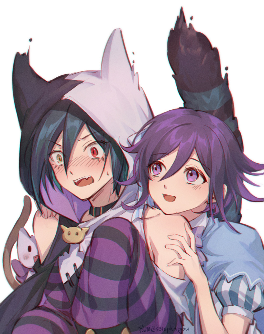 2boys :d alice_(wonderland) alice_(wonderland)_(cosplay) animal_ears animal_hood artist_name bangs bare_shoulders blush bow bowtie cat_ears cat_hood cat_ornament cat_tail cheshire_cat cheshire_cat_(cosplay) commentary_request cosplay crossdressing danganronpa_(series) danganronpa_v3:_killing_harmony dress ewa_(seraphhuiyu) fake_animal_ears fang hair_between_eyes heterochromia highres hood hood_up male_focus multiple_boys open_mouth ouma_kokichi puffy_short_sleeves puffy_sleeves purple_eyes purple_hair saihara_shuuichi short_sleeves simple_background sleeves_past_fingers sleeves_past_wrists smile striped striped_dress striped_sleeves tail tongue yaoi