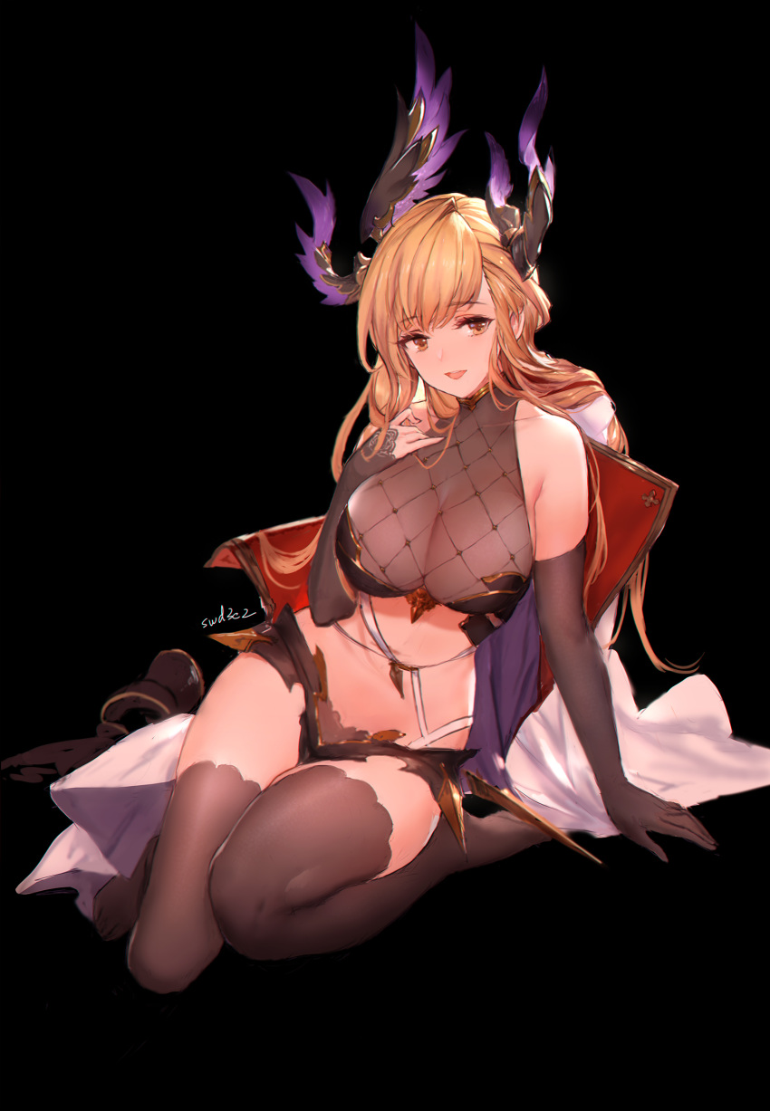 1girl black_background breasts brown_eyes brown_hair elbow_gloves gloves granblue_fantasy highres large_breasts long_hair midriff signature song_(granblue_fantasy) swd3e2 thighhighs