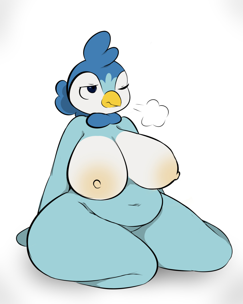 4:5 absurd_res anthro anthrofied areola avian belly big_belly big_breasts big_butt bird breasts butt curvy_figure fan_character female hi_res looking_away navel nintendo nipples one_eye_closed overweight overweight_anthro overweight_female penguin piplup plantedpot pok&eacute;mon pok&eacute;mon_(species) pouting simple_background sitting solo solo_focus thick_thighs upset video_games voluptuous white_background wide_hips