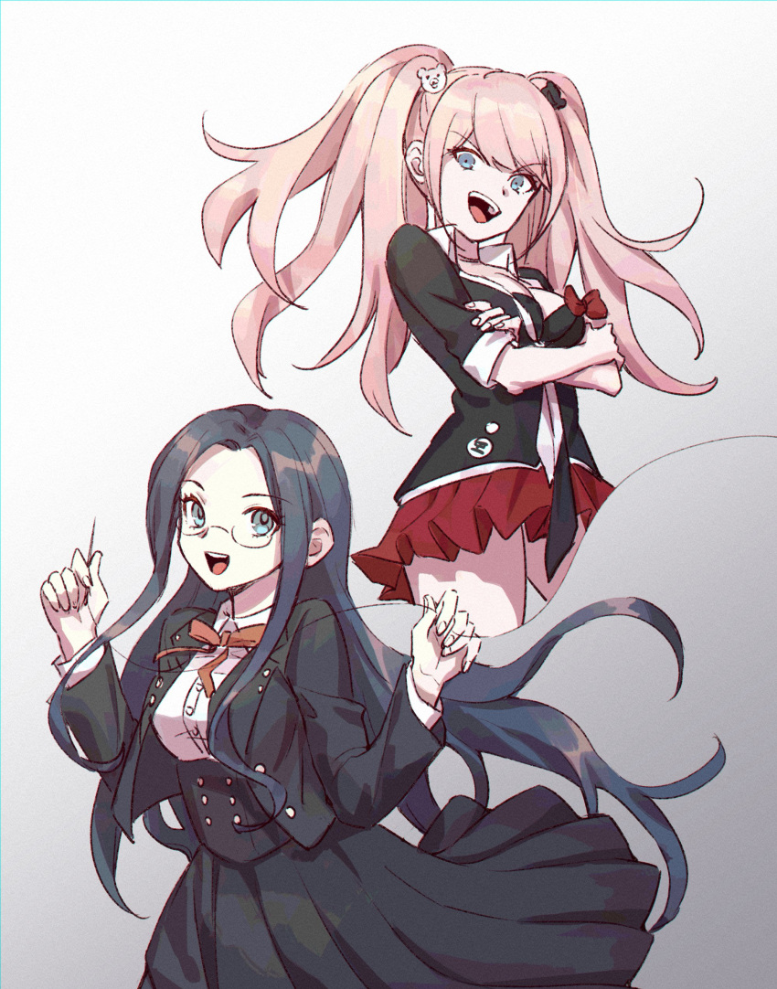 2girls :d absurdres arms_under_breasts bear_hair_ornament black_bra black_jacket black_skirt blue_eyes bra breasts cleavage commentary_request cropped_legs crossed_arms danganronpa:_trigger_happy_havoc danganronpa_(series) danganronpa_v3:_killing_harmony dress_shirt enoshima_junko ewa_(seraphhuiyu) glasses gradient gradient_background grey_background hair_ornament highres jacket long_hair long_skirt long_sleeves looking_at_viewer medium_breasts miniskirt multiple_girls neck_ribbon necktie open_mouth pleated_skirt red_skirt ribbon school_uniform shirogane_tsumugi shirt skirt sleeves_rolled_up smile spoilers twintails underwear upper_teeth