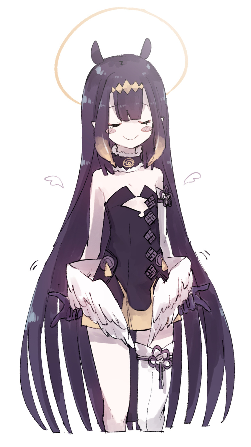 1girl animal_ears bangs black_dress blunt_bangs blush_stickers closed_eyes cowboy_shot diamond_hairband dress flat_chest gradient_hair halo highres hololive hololive_english long_hair low_wings mole multicolored_hair ninomae_ina'nis noranekogahara pointy_ears purple_hair sidelocks simple_background single_thighhigh smile solo thighhighs very_long_hair virtual_youtuber white_background wings