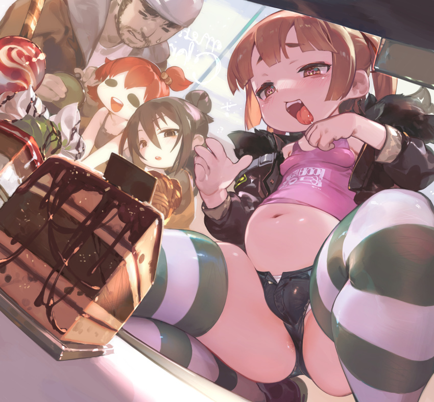 1boy 3girls anus_peek black_hair black_jacket black_shorts blush breasts brown_eyes brown_hair cake father_and_daughter food hair_between_eyes hair_bobbles hair_ornament heart heart-shaped_pupils highres jacket kneeling long_sleeves marui_futaba marui_hitoha marui_mitsuba marui_soujirou midriff mitsudomoe multiple_girls navel open_mouth plump red_hair saliva short_hair short_shorts shorts siblings side_ponytail sisters small_breasts so-taro stomach striped striped_legwear symbol-shaped_pupils unbuttoned unbuttoned_shorts upper_teeth