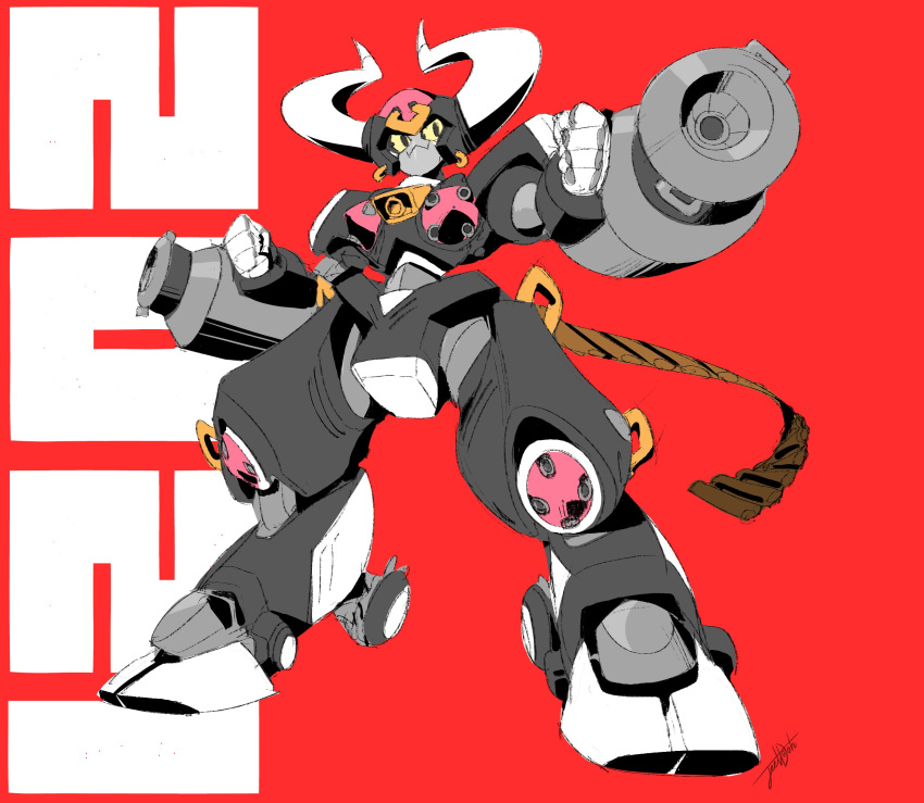 1girl 2021 absurdres arm_cannon chinese_zodiac clenched_hands english_commentary highres horns jeetdoh mecha no_humans original red_background science_fiction signature solo weapon year_of_the_ox yellow_eyes