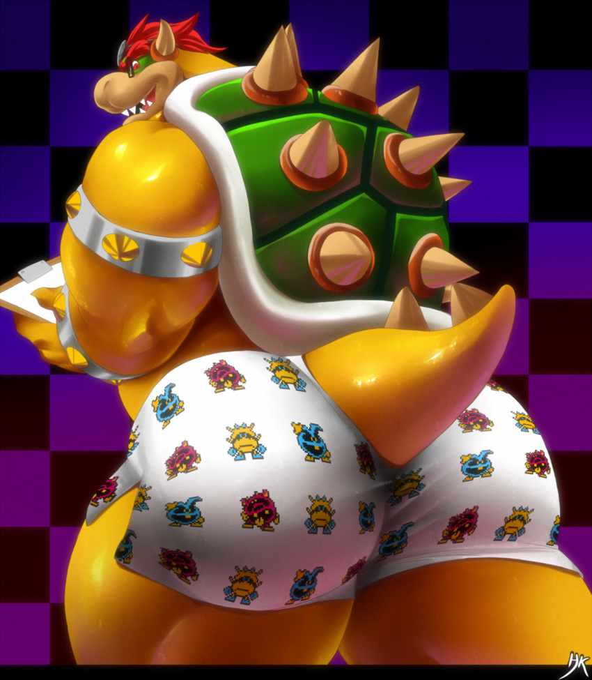 anthro armband bowser butt claws clothed clothing eyewear glasses hair head_mirror hi_res holding_clipboard holding_object horn koopa looking_back male mario_bros medical_instrument muscular muscular_anthro muscular_male nintendo open_mouth pattern_clothing pattern_underwear rear_view red_eyes red_hair scalie scientific_instrument sharp_teeth shell solo spiked_armband spiked_shell spiked_wristband spikes spikes_(anatomy) teeth topless underwear video_games wristband yellow_body zombiehk