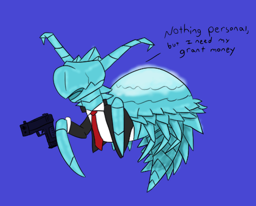 alien ambiguous_gender arthropod bioluminescence clothing dialogue english_text eyeless feral glowing gun hi_res humor implied_violence male_(lore) paizo ranged_weapon solo starfinder_(rpg) suit telekinesis text thespel_(artist) urog weapon wish_(thespel)