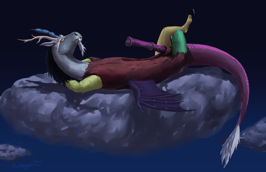 2021 animal_genitalia animal_penis black_mane blue_horn chimera cloud crossed_legs digital_media_(artwork) discord_(mlp) draconequus equine_penis erection feral friendship_is_magic fur genitals green_leg grey_head hands_behind_head hi_res hooves horn looking_at_viewer lying male mane membrane_(anatomy) membranous_wings multicolored_body my_little_pony outside penis purple_tail red_body red_eyes red_fur sheath simple_background sky smile solo t-ace_juice teeth white_beard white_body white_fur wings