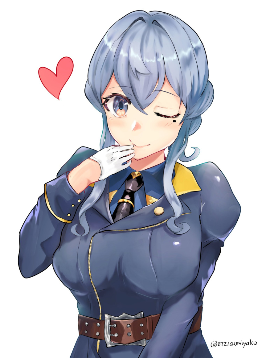 1girl blue_eyes blue_hair breasts closed_mouth gloves gotland_(kantai_collection) hair_between_eyes half_gloves heart highres kantai_collection long_sleeves looking_at_viewer medium_breasts medium_hair miyako_(00727aomiyako) mole mole_under_eye one_eye_closed smile white_background white_gloves