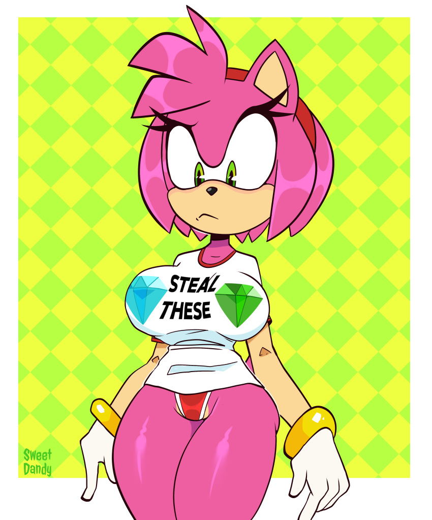2021 absurd_res amy_rose anthro big_breasts breasts clothed clothing curvy_figure english_text eulipotyphlan female gloves green_eyes handwear hedgehog hi_res looking_down mammal panties pattern_background pink_body portrait shirt simple_background solo sonic_the_hedgehog_(series) standing sweetdandy t-shirt text three-quarter_portrait topwear underwear white_clothing white_gloves white_shirt white_topwear