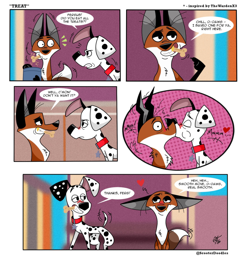 &lt;3 101_dalmatian_street 101_dalmatians angry blush canid canine canis caught collar comic dalmatian disney domestic_dog dylan_(101_dalmatians) english_text eye_contact fangs feral fergus_(101_dalmatians) flirting fox hi_res kissing looking_at_another male male/male mammal scooterdoodles surprise tailwag text