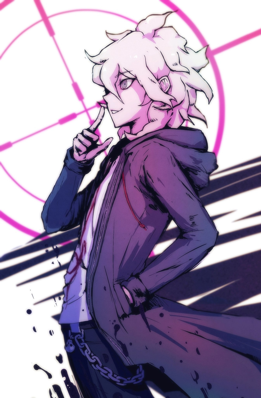 1boy bangs brown_coat chain coat cowboy_shot danganronpa_(series) danganronpa_2:_goodbye_despair datcravat from_side hand_in_pocket hand_up highres hood hood_down index_finger_raised komaeda_nagito long_sleeves male_focus messy_hair open_clothes open_coat pants print_shirt profile shirt skull_ornament smile solo teeth white_hair