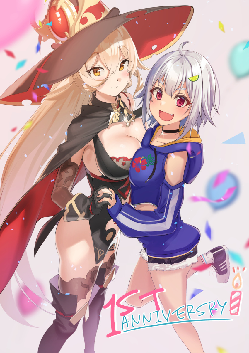 2girls ahoge bangs black_choker black_gloves blonde_hair boots breasts brown_eyes choker cleavage cleavage_cutout clothing_cutout eyebrows_behind_hair eyebrows_visible_through_hair fang food_themed_hair_ornament gloves hair_ornament hat hayama_marin highres holding_hands large_breasts lime_slice long_hair medium_breasts mole mole_under_eye multiple_girls nijisanji nui_sociere okutomi_fumi red_eyes short_hair short_shorts shorts silver_hair smile thigh_boots thighhighs very_long_hair virtual_youtuber witch witch_hat