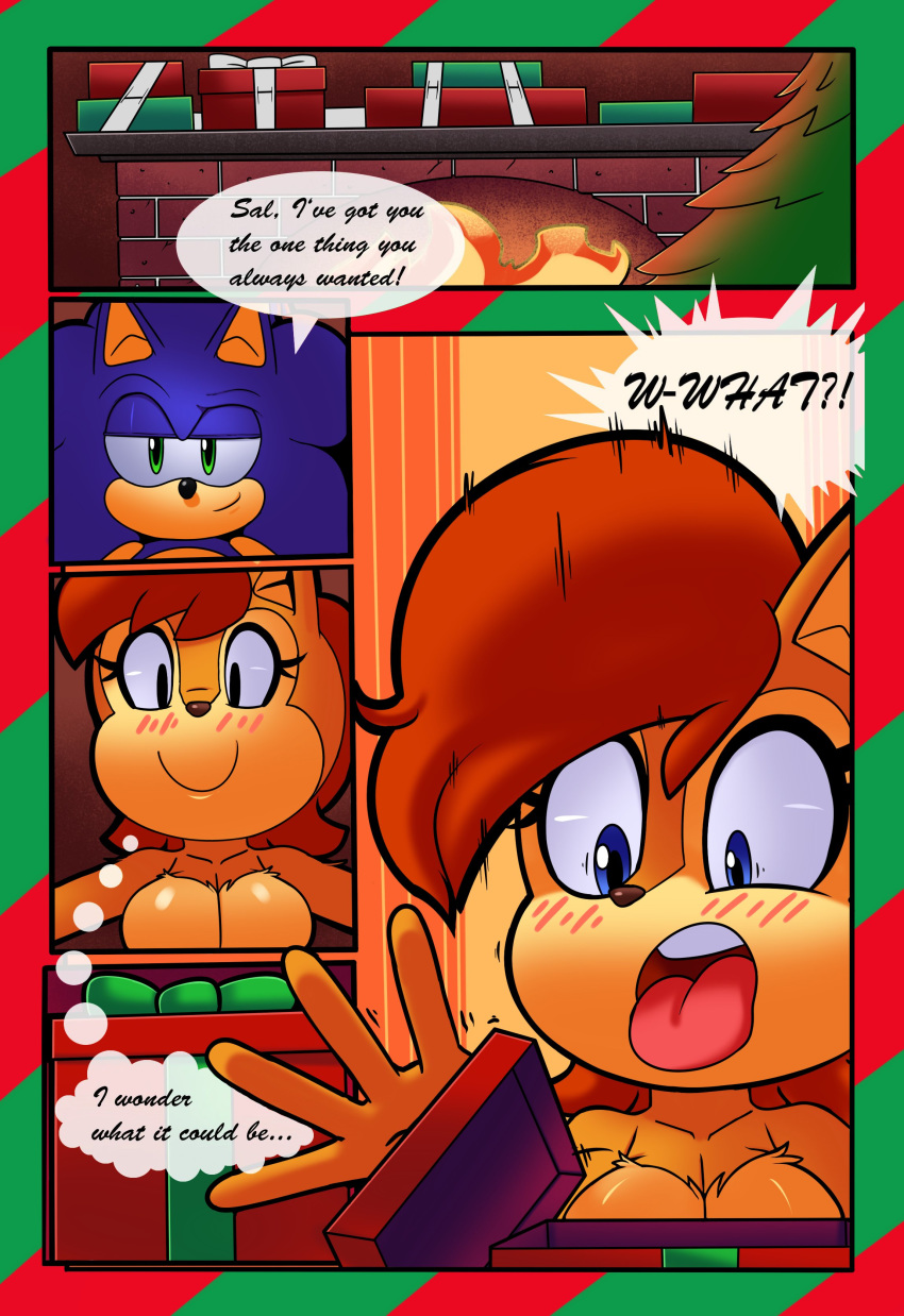 absurd_res anthro archie_comics breasts chipmunk christmas digital_media_(artwork) duo english_text eulipotyphlan female gift ground_squirrel hedgehog hi_res holidays male male/female mammal nude rodent sally_acorn sciurid sonic_the_hedgehog sonic_the_hedgehog_(archie) sonic_the_hedgehog_(comics) sonic_the_hedgehog_(series) superbunnygt surprise tagme text