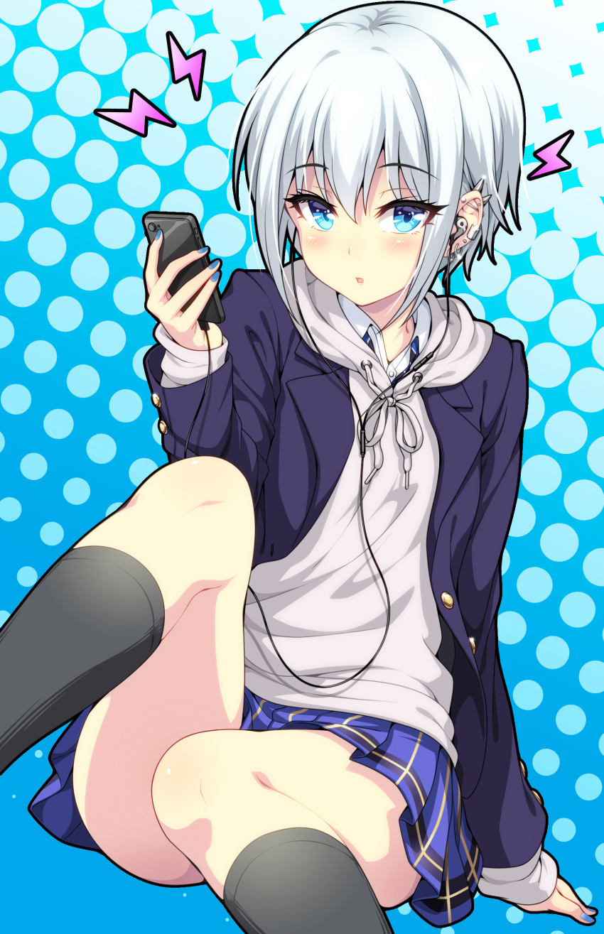1girl absurdres blue_background blue_eyes blush cellphone collared_shirt commentary_request ear_piercing earbuds earphones earrings eyebrows_visible_through_hair highres holding holding_phone hood hoodie jewelry limitedsando listening_to_music looking_at_viewer multiple_piercings nail_polish original otomore_(shashaki) phone piercing school_uniform shirt short_hair sidelocks silver_hair simple_background sitting skirt smartphone socks solo wire