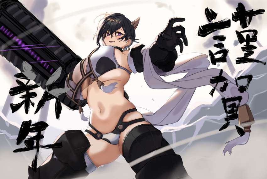 1girl animal_print bikini black_hair breasts cow_horns cow_print earrings eyebrows_visible_through_hair fighting_stance ganesagi gauntlets hair_between_eyes hair_ornament horns huge_breasts jewelry original print_bikini purple_eyes see-through short_hair solo swimsuit thighhighs