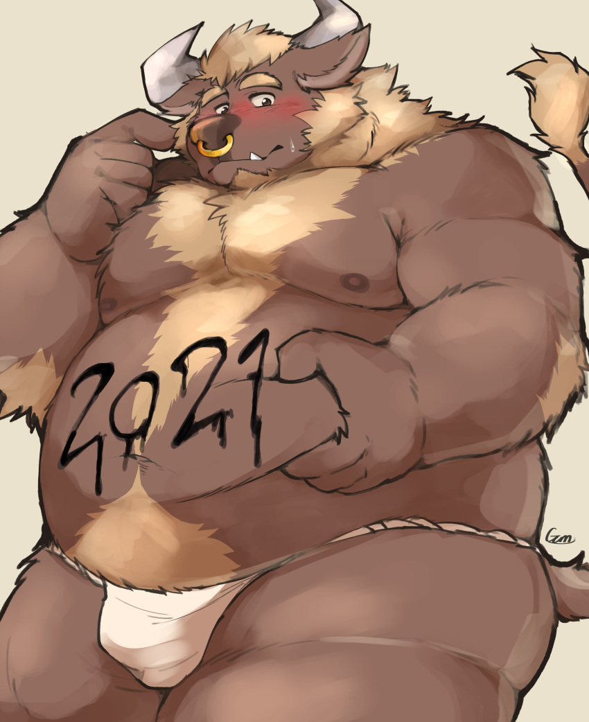 2021 absurd_res anthro asian_clothing belly blush bovid bovine brown_body brown_fur bulge cattle clothing east_asian_clothing fundoshi fur ginnosuke hi_res humanoid_hands japanese_clothing kemono male mammal moobs nipples overweight overweight_anthro overweight_male simple_background solo underwear