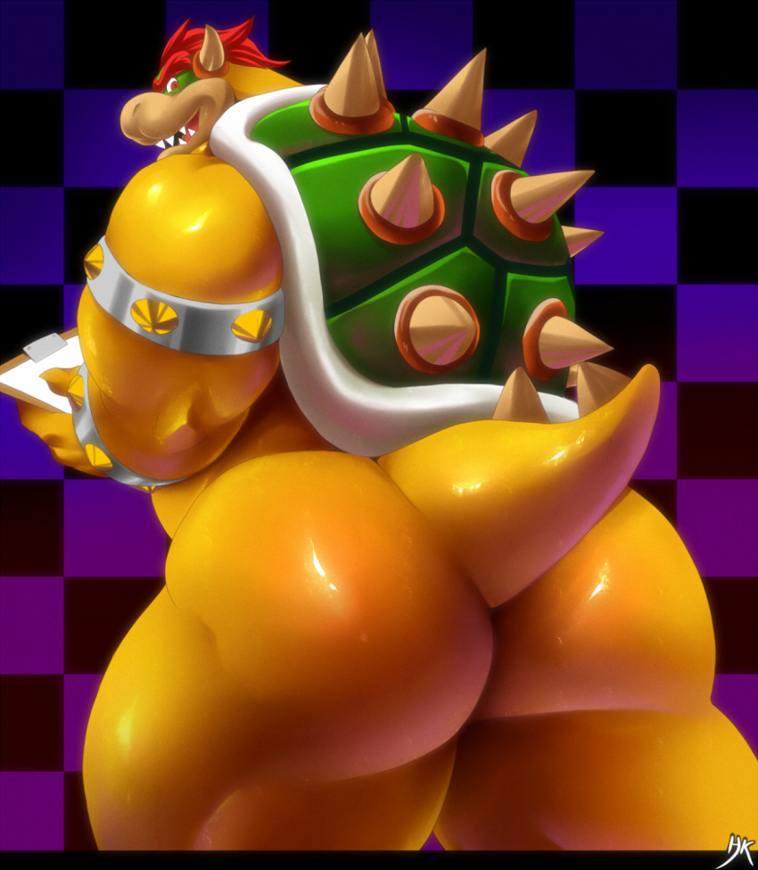 anthro armband big_butt bowser butt claws hair hi_res holding_clipboard holding_object horn koopa looking_back male mario_bros muscular muscular_anthro muscular_male nintendo nude open_mouth rear_view red_eyes red_hair scalie sharp_teeth shell solo spiked_armband spiked_shell spiked_wristband spikes spikes_(anatomy) teeth video_games wristband yellow_body zombiehk