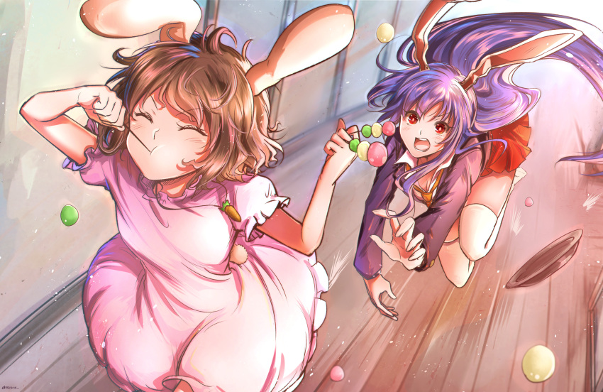 2girls :t ^_^ ahoge animal_ears bangs bent_over between_fingers blazer blush breasts bright_pupils brown_hair bunny_ears bunny_tail carrot_necklace chasing cleavage closed_eyes closed_mouth commentary_request dango dress eating ekisutora eyebrows_visible_through_hair feet_out_of_frame floating_hair food highres holding_skewer inaba_tewi jacket long_hair long_sleeves looking_at_another miniskirt multiple_girls necktie no_shoes open_mouth orange_neckwear outstretched_arm pink_dress plate pleated_skirt puffy_short_sleeves puffy_sleeves purple_hair reaching_out red_eyes red_skirt reisen_udongein_inaba shirt short_hair short_sleeves skirt small_breasts tail thighhighs touhou v-shaped_eyebrows very_long_hair wagashi white_legwear white_shirt wooden_floor
