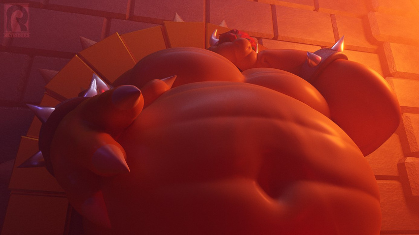 4_fingers anthro belly big_belly bowser bracelet claws fingers hair horn jewelry looming male mario_bros musclegut muscular muscular_anthro muscular_male navel nintendo overweight overweight_anthro overweight_male pecs red_hair reyriders scalie solo spiked_bracelet spikes video_games