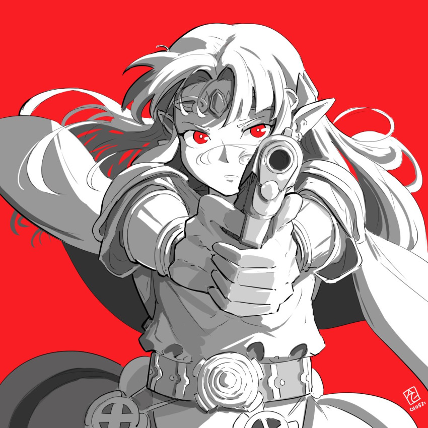 1girl automatic_giraffe bangs belt cape dated english_text floating_cape floating_hair gun handgun holding holding_gun holding_weapon long_pointy_ears meme parody parted_bangs persona persona_5 pistol pointy_ears princess_zelda red_background red_eyes solo spot_color style_parody super_smash_bros. the_legend_of_zelda the_legend_of_zelda:_a_link_between_worlds v-shaped_eyebrows weapon