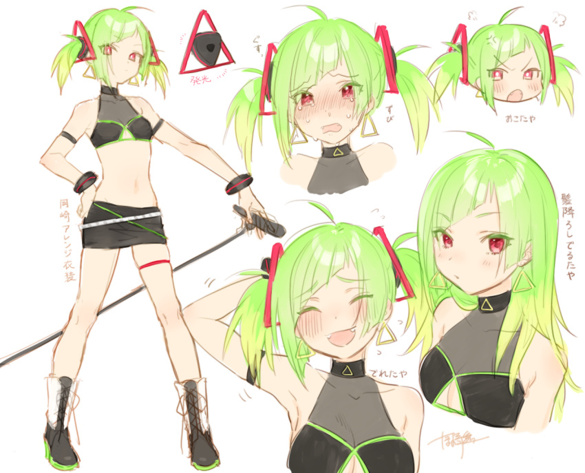 1girl ahoge alternate_hairstyle angry blush breasts clothing_cutout crying delutaya expressions fangs green_hair holding holding_microphone indie_virtual_youtuber looking_at_viewer microphone midriff miniskirt multiple_views navel okazaki_toru open_mouth skindentation skirt small_breasts thigh_strap twintails underboob underboob_cutout v-shaped_eyebrows virtual_youtuber