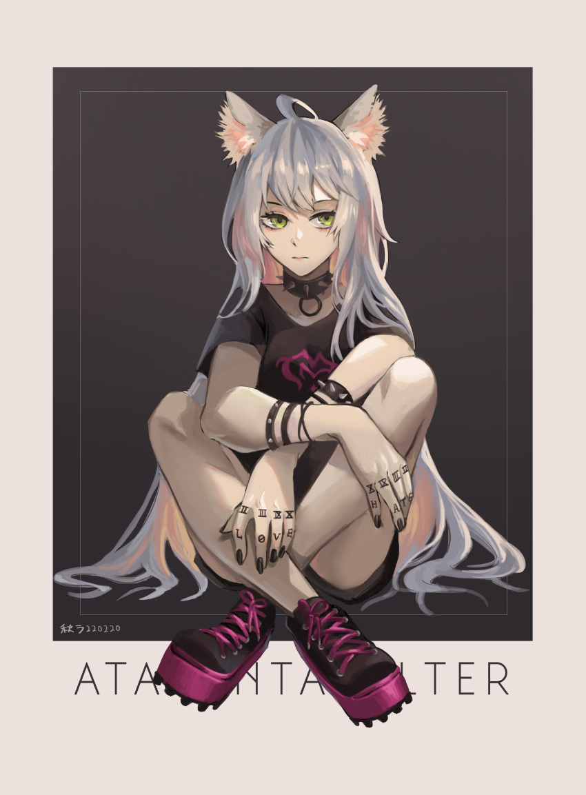 1girl absurdres ahoge animal_ear_fluff animal_ears artist_name atalanta_(alter)_(fate) atalanta_(fate) bangs black_choker black_collar black_footwear black_nails black_shirt border bracelet casual cat_ears character_name choker closed_mouth collar commentary_request cross-laced_footwear crossed_ankles dated fate_(series) finger_tattoo fingernails green_eyes grey_background highres jewelry knees knees_up long_fingernails long_hair looking_at_viewer outside_border platform_footwear print_shirt punk shirt shoelaces shoes short_sleeves signature silver_hair simple_background sitting solo studded_bracelet studded_collar t-shirt thighs tsukimiya_akira v-neck very_long_hair