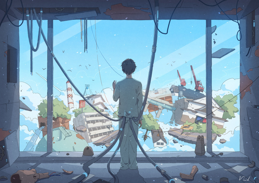 1boy artist_name bibido black_hair broken building day facing_away from_behind hand_up highres indoors looking_out_window mannequin original pants scenery shirt short_hair white_pants white_shirt window