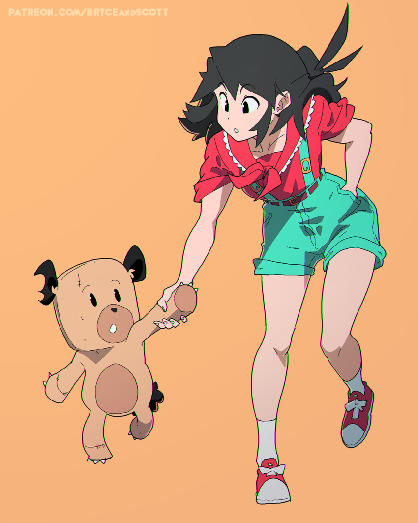 1girl aqua_shorts black_eyes black_hair hand_in_pocket highres long_hair lucia_(scott_malin) orange_background original red_shirt scott_malin shadow shirt shoes short_sleeves shorts simple_background solo stuffed_animal stuffed_toy suspender_shorts suspenders teddy_bear watermark web_address