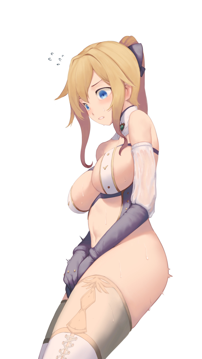 1girl absurdres blonde_hair blue_eyes breasts clenched_teeth cowboy_shot crotch_rub detached_collar detached_sleeves elbow_gloves english_commentary flying_sweatdrops genshin_impact gloves hair_ribbon highres jean_gunnhildr large_breasts long_hair masturbation navel no_panties ponytail purple_gloves ribbon rou_(rou22) solo sweat teeth thighhighs thighs white_background