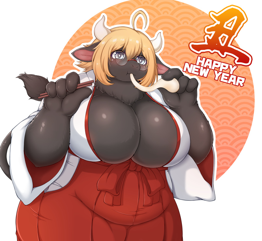 2021 4_fingers ahoge anthro areola areola_slip asian_clothing belly big_breasts biped black_body black_fur blonde_hair blush bovid bovine breasts chinese_zodiac chopsticks cleavage cleavage_overflow clothed clothing curvy_figure east_asian_clothing eating english_text eyewear female fingers fluffy food food_in_mouth fully_clothed fur glasses glistening glistening_body glistening_breasts glistening_fur grey_eyes hair hi_res holding_food holding_object holidays horn huge_breasts japanese_clothing kanji kemono looking_at_viewer mammal miko_outfit mochi monotone_body monotone_fur monotone_hair neck_tuft new_year overweight overweight_anthro overweight_female pattern_background pince-nez pink_areola pink_inner_ear red_hakama shibaemonxsk short_hair shrine_maiden silver_eyes simple_background solo standing tail_tuft text thick_thighs tuft voluptuous white_haori wide_hips year_of_the_ox