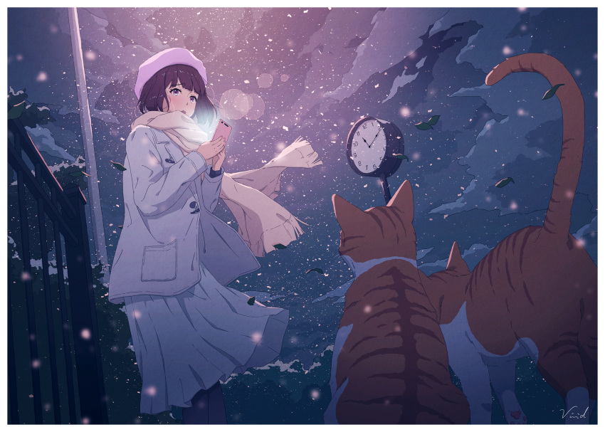 1girl artist_name bibido black_hair cat cellphone clock coat fence highres long_hair night original outdoors phone pink_headwear pocket scarf skirt snow snowing standing white_coat white_scarf white_skirt