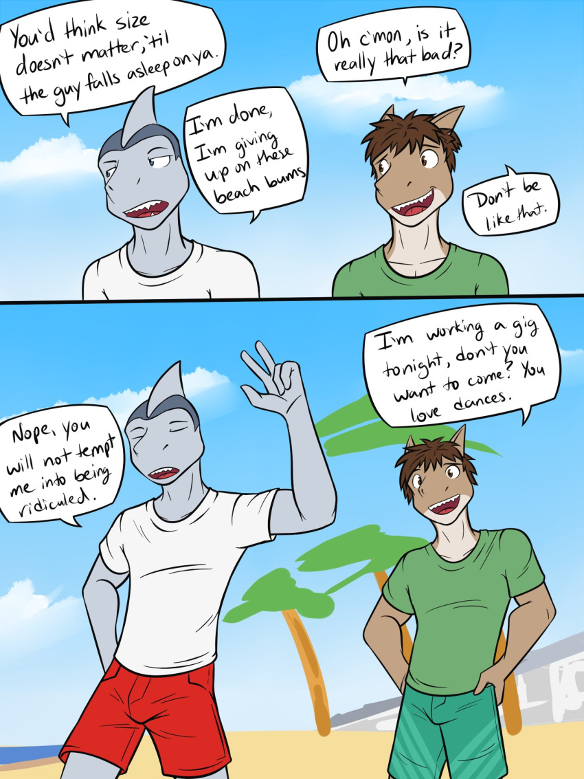 3:4 anthro beach bottomwear clothed clothing comic dialogue duo english_text fish fully_clothed fuze hi_res ian_(fuze) male marine seaside shark shirt shorts t-shirt texnatsu text topwear