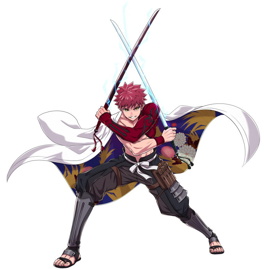 1boy applechoc cape dual_wielding emiya_shirou fate/grand_order fate_(series) fighting_stance flower full_body highres holding igote limited/zero_over looking_at_viewer male_focus red_hair sengo_muramasa_(fate) simple_background solo sword weapon white_background white_cape wristband yellow_eyes