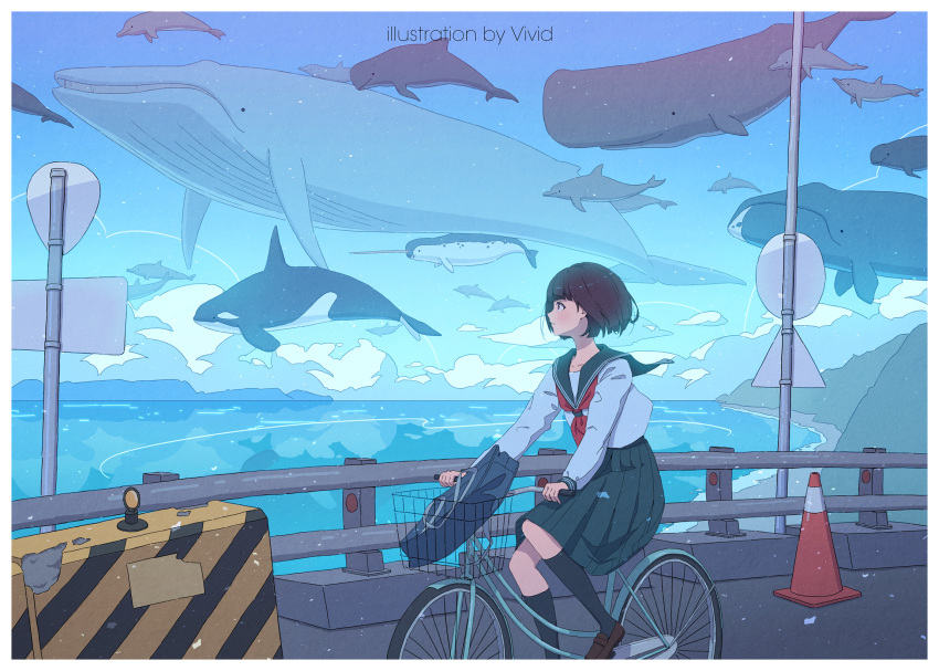 1girl artist_name bag bibido bicycle black_hair blue_skirt blue_whale brown_footwear cloud dolphin fish flying_fish flying_whale ground_vehicle handbag highres long_sleeves looking_afar orca original railing roadblock school_uniform serafuku shirt short_hair skirt sperm_whale traffic_cone utility_pole whale white_shirt