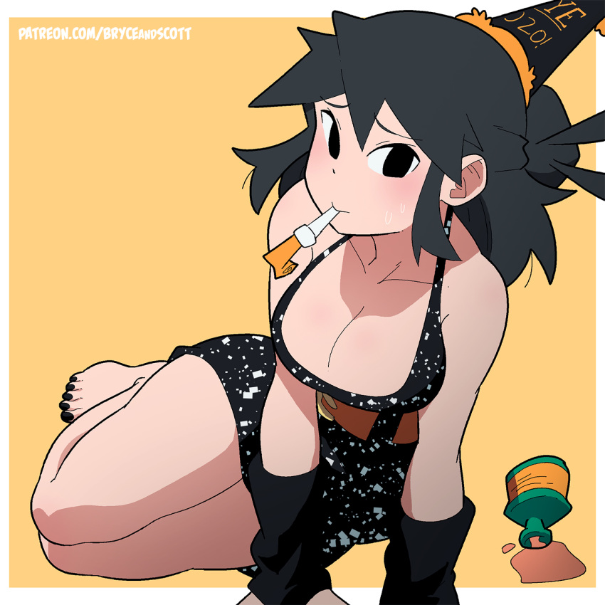 1girl bare_legs barefoot black_dress black_eyes black_hair border dress hat highres long_hair looking_at_viewer lucia_(scott_malin) orange_belt original party_hat party_horn print_dress scott_malin simple_background sitting solo spill white_border yellow_background