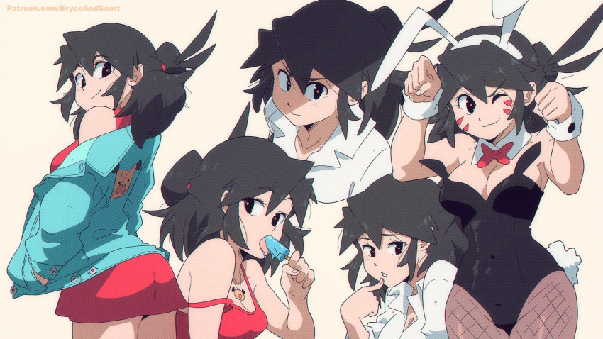 1girl animal_ears aqua_jacket black_eyes black_hair black_leotard bow bowtie breasts bunny_ears cleavage cowboy_shot detached_collar dress eating fake_animal_ears food hands_in_pockets hands_up highres jacket jewelry leotard long_hair lucia_(scott_malin) medium_breasts multiple_views necklace off_shoulder one_eye_closed original playboy_bunny popsicle red_bow red_dress red_neckwear scott_malin simple_background smile strap_slip strapless strapless_leotard upper_body wrist_cuffs yellow_background