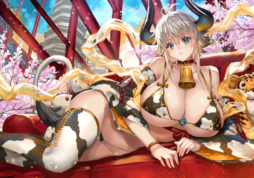 1girl animal_ears animal_print antenna_hair bangs bare_shoulders bell bell_collar bikini blonde_hair blue_eyes blush bracelet breasts cherry_blossoms chinese_zodiac cleavage collar collarbone commentary_request couch cow_ears cow_girl cow_horns cow_print cow_tail cowbell fingernails flipped_hair gradient_horns highleg highleg_bikini highleg_swimsuit highres horns huge_breasts jacket japanese_clothes jewelry large_breasts looking_at_viewer lying mole mole_on_breast multicolored_horns navel o-ring o-ring_top on_side original parted_lips ran'ou_(tamago_no_kimi) shawl short_hair sidelocks skindentation solo string_bikini stuffed_animal stuffed_toy swimsuit tail thighhighs tower tree year_of_the_ox