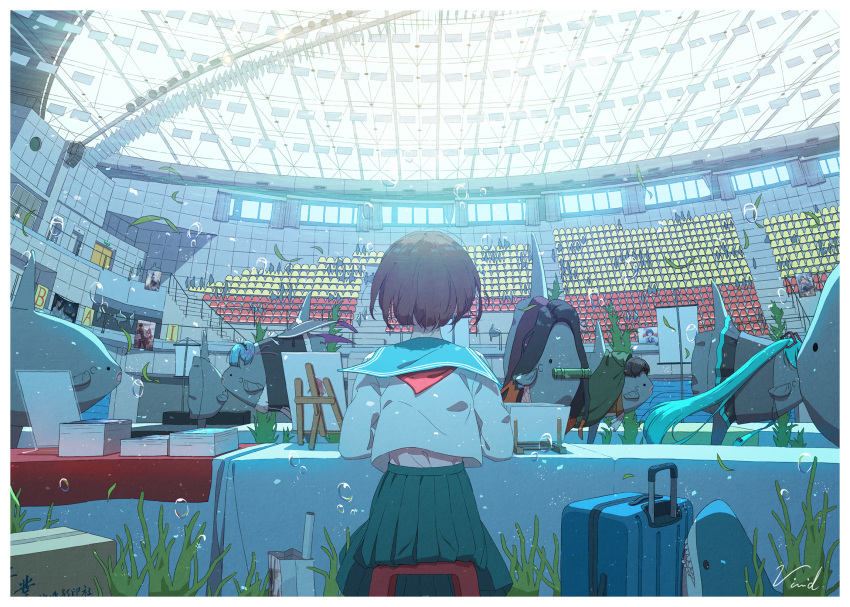 1girl air_bubble bibido bleachers box brown_hair bubble coral easel from_behind highres indoors leaf luggage original paper scenery school_uniform serafuku shirt short_hair sitting skirt stadium stairs stool stuffed_animal stuffed_shark stuffed_toy sunfish underwater white_shirt