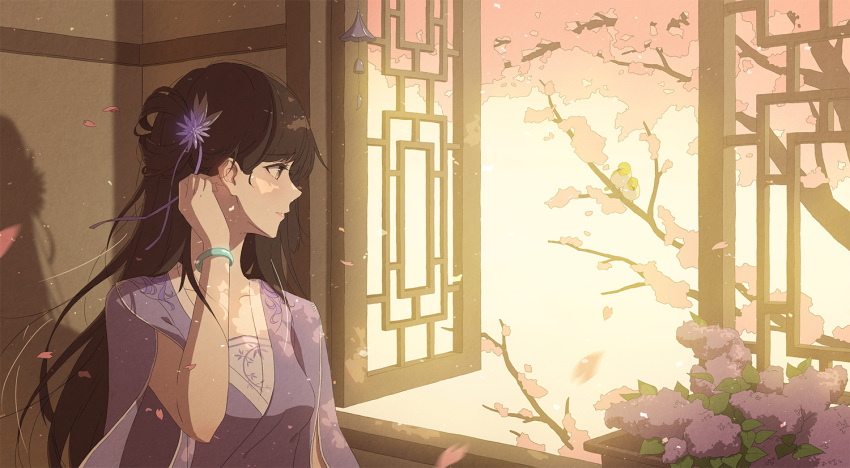 1girl bibido bird black_hair bracelet brown_eyes flower hair_flower hair_ornament hand_up jewelry long_hair looking_out_window open_window original shadow solo tree upper_body wind_chime window