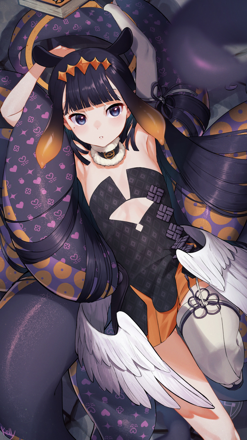 1girl absurdres animal_ears ao-chan_(ninomae_ina'nis) armpits arms_up black_hair black_leotard blue_eyes blurry blush book commentary depth_of_field detached_collar detached_sleeves extra_ears flat_chest from_above fur-trimmed_collar gradient_hair highres hololive hololive_english leotard long_hair lying midriff_cutout mole mole_under_eye multicolored_hair nekokitsune0905 ninomae_ina'nis on_back orange_hair pointy_ears single_sleeve single_thighhigh solo straight_hair tentacle_hair tentacles thighhighs thighs tiara two-tone_hair virtual_youtuber white_legwear wings