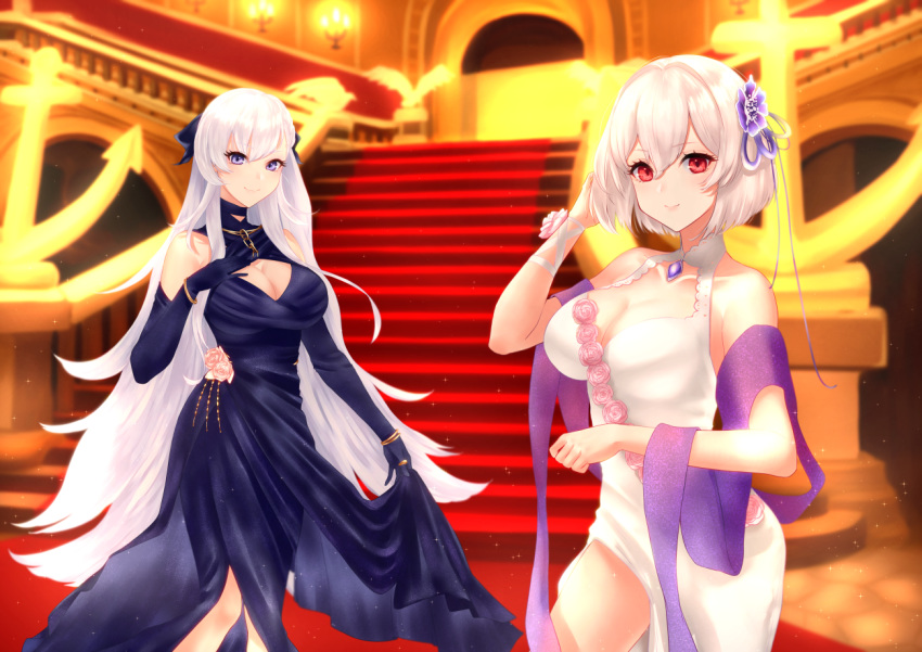 2girls anchor azur_lane banned_artist bare_shoulders belfast_(azur_lane) belfast_(the_noble_attendant)_(azur_lane) blush breasts cleavage cleavage_cutout clothing_cutout collarbone dress dress_lift elbow_gloves flower gloves hair_between_eyes large_breasts long_dress long_hair looking_at_viewer mior multiple_girls official_alternate_costume pink_flower pink_rose purple_dress purple_eyes purple_gloves purple_shawl red_eyes rose short_hair silver_hair sirius_(azur_lane) sirius_(white_rose)_(azur_lane) sleeveless sleeveless_dress smile stairs very_long_hair white_dress