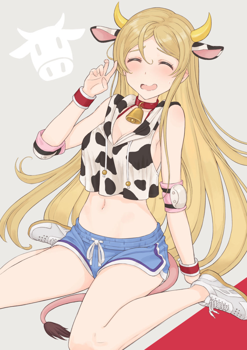 1girl ^_^ ahoge animal_ears animal_print bangs bare_shoulders bell bell_collar blonde_hair blue_shorts blush breasts cleavage closed_eyes collar collarbone commentary_request cow_ears cow_girl cow_horns cow_print cow_tail cowbell crop_top crop_top_overhang dolphin_shorts drawstring elbow_pads embarrassed extra_ears facing_viewer grey_background hair_between_eyes hand_up highres hood hood_down hoodie horns idolmaster idolmaster_million_live! long_hair medium_breasts midriff navel open_mouth parted_bangs print_hoodie raised_eyebrows razi red_background shinomiya_karen shoes short_shorts shorts side_slit side_slit_shorts sideboob sitting sleeveless sleeveless_hoodie sneakers solo stomach sweatband sweatdrop tail two-tone_background v very_long_hair wariza wavy_hair wavy_mouth white_footwear