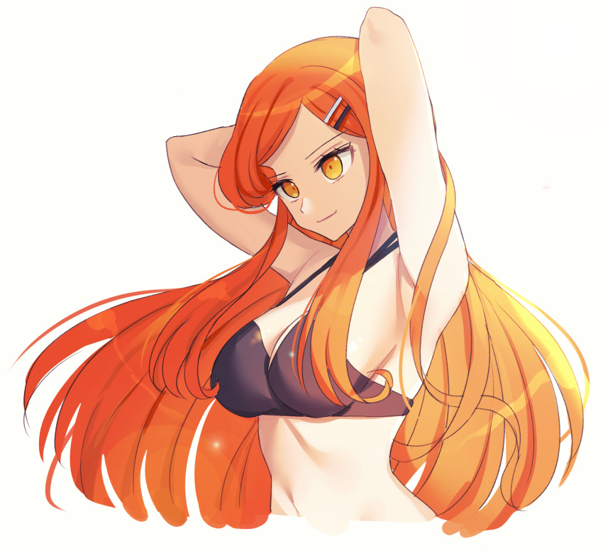 1girl armpits arms_behind_head arms_up bangs bare_arms bare_shoulders bikini bikini_top black_bikini blush breasts cleavage closed_mouth commentary_request cropped_torso danganronpa_another hair_ornament hairclip highres large_breasts long_hair looking_at_viewer mekaru_rei open_mouth orange_eyes orange_hair ppakunak simple_background smile solo stomach swimsuit upper_body white_background