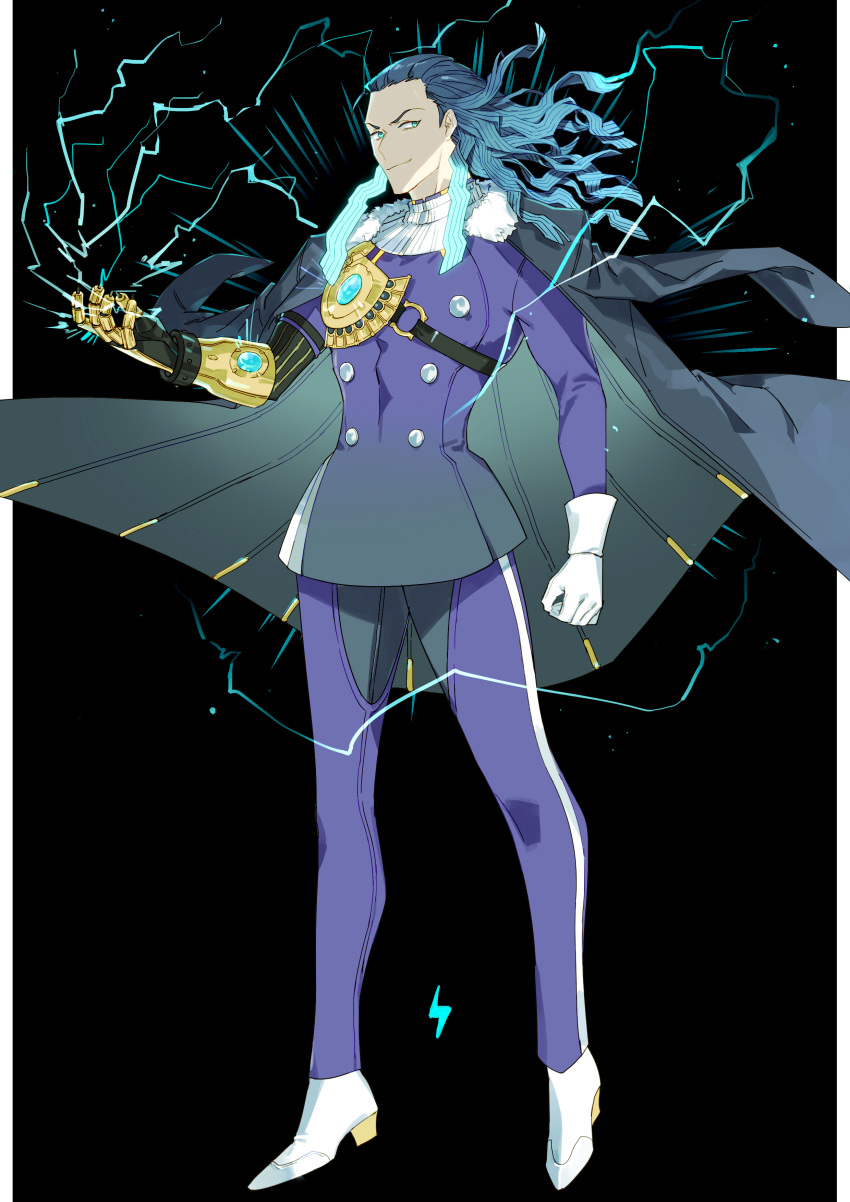 1boy absurdres aooni bangs black_background black_hair blue_eyes blue_hair clenched_hand electricity fate/grand_order fate_(series) full_body fur-trimmed_jacket fur_trim gloves gradient_hair hair_slicked_back highres jacket jacket_on_shoulders lightning_bolt long_hair long_pants long_sleeves looking_at_viewer male_focus mechanical_arm multicolored_hair nikola_tesla_(fate/grand_order) open_mouth pants simple_background smile white_footwear