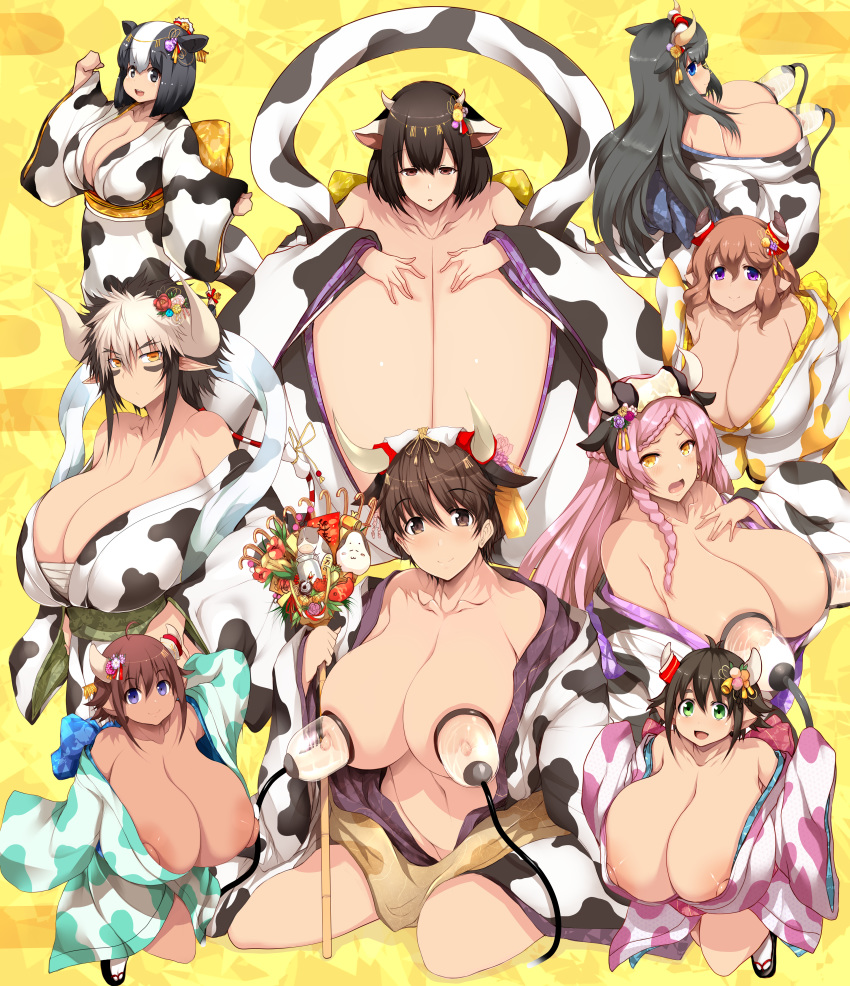 6+girls abstract_background absurdres ahoge animal_ears animal_print bandages bare_shoulders black_eyes black_hair blue_eyes blush breast_pump breasts brown_eyes brown_hair cathyl chinese_zodiac cleavage collarbone covered_nipples cow_ears cow_girl cow_horns cow_print crossover dark_skin dark_skinned_female dot_nose expressionless eyebrows_visible_through_hair facial_mark full_body gigantic_breasts green_eyes guinea hair_between_eyes hair_ornament half-closed_eyes happy head_tilt highres holstein_friesian_cattle_(kemono_friends) horns huge_breasts huge_filesize huge_nipples idolmaster idolmaster_cinderella_girls ishuzoku_reviewers japanese_clothes kemono_friends kimono kneeling lactation large_breasts long_hair looking_back maoyuu_maou_yuusha milking_machine milky_(ishuzoku_reviewers) minotaur miru_holstein monster_musume_no_iru_nichijou multicolored_hair multiple_crossover multiple_girls new_year no-rin no_bra oikawa_shizuku open_clothes open_kimono pink_hair plump pointy_ears profile puffy_nipples purple_eyes shiny shiny_clothes shiny_hair shiny_skin short_hair sidelocks sitting size_difference smile togue_(ishuzoku_reviewers) trait_connection tsukasawa_takamatsu two-tone_hair uchi_no_hime-sama_ga_ichiban_kawaii white_hair year_of_the_ox yokozuwari yoshida_kochou