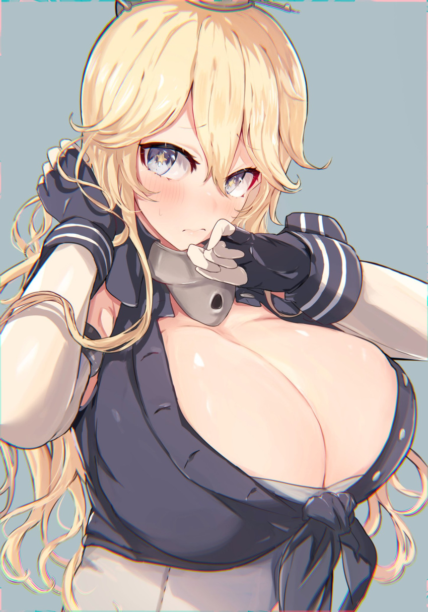 1girl black_gloves blonde_hair blue_eyes breasts commentary_request elbow_gloves fingerless_gloves front-tie_top gloves grey_background headgear highres huge_breasts iowa_(kantai_collection) kantai_collection miyako_(00727aomiyako) simple_background solo star-shaped_pupils star_(symbol) symbol-shaped_pupils upper_body