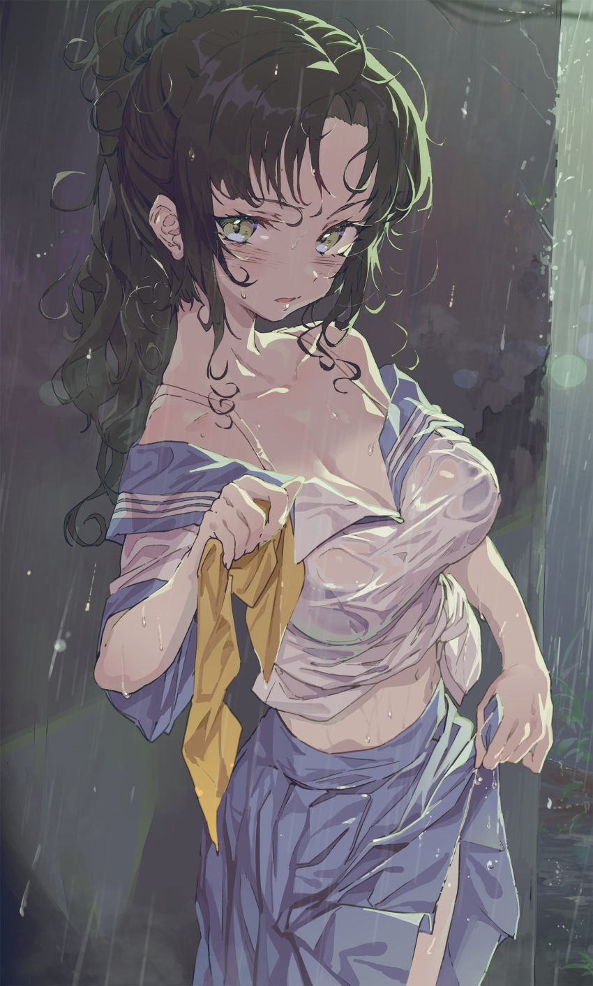 1girl blouse blue_skirt breasts cleavage collarbone commentary_request green_eyes green_hair high_ponytail highres hong large_breasts long_hair looking_at_viewer midriff neckerchief_removed original pleated_skirt rain sailor_collar school_uniform serafuku short_sleeves skirt skirt_lift solo wet wet_clothes white_blouse